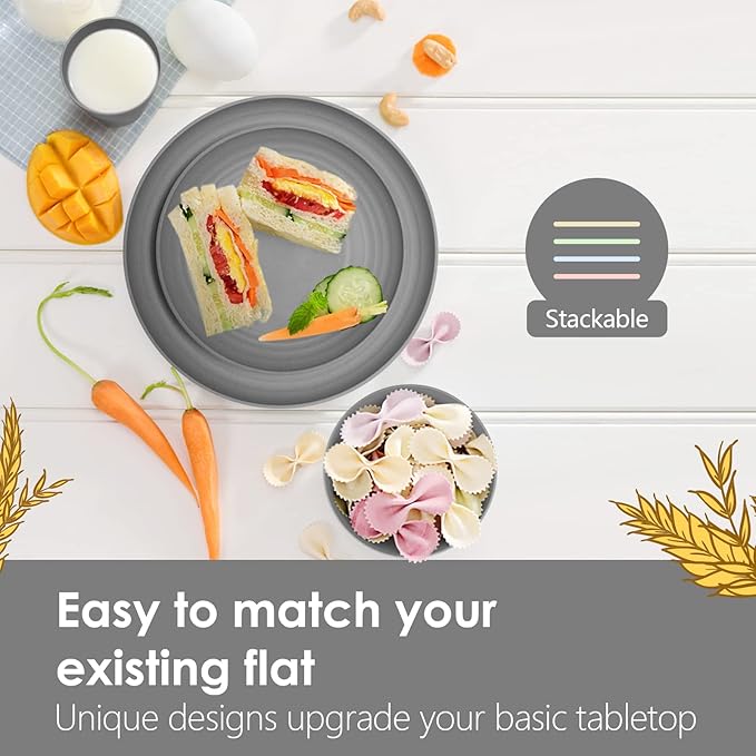 Teivio 16-Piece Kitchen Plastic Wheat Straw Dinnerware Set, Service for 4, Dinner Plates, Dessert Plate, Cereal Bowls, Cups, Unbreakable Plastic Outdoor Camping Dishes, Grey