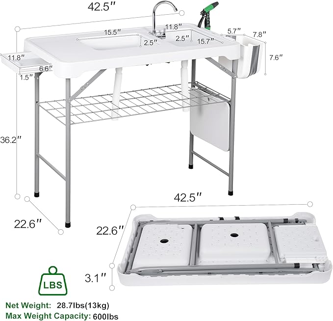 Allpop Fish Cleaning Table with 2 Sinks, 42.5'' Portable Folding Camping Fish Station with Foldable Faucet, Drainage Hose, Sprayer, Grid Rack, Storage Box, Drawer & Grooves for Picnic, White