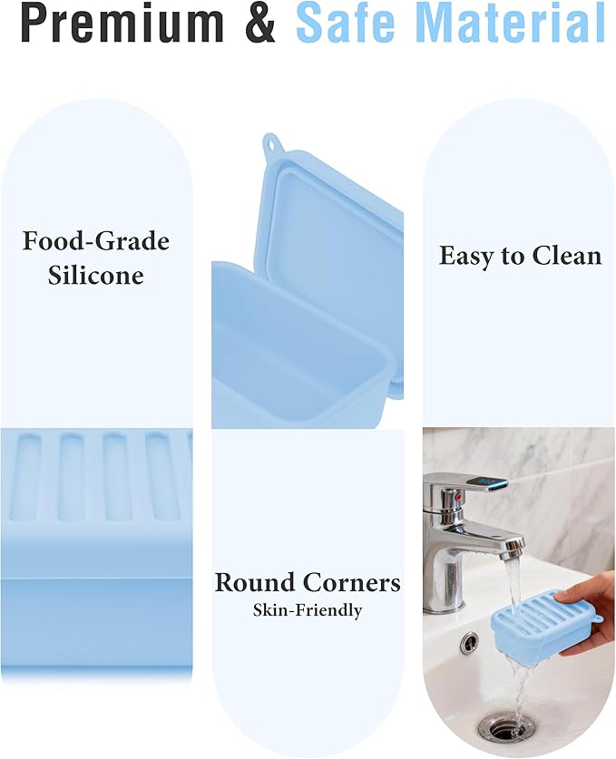 Silicone Travel Soap Case, Leak-Proof Bar Soap Container with Drain Tray, Portable Travel Soap Dish with Lid for Hiking, Gym, Camping, PortableToiletries Accessories (Blue)