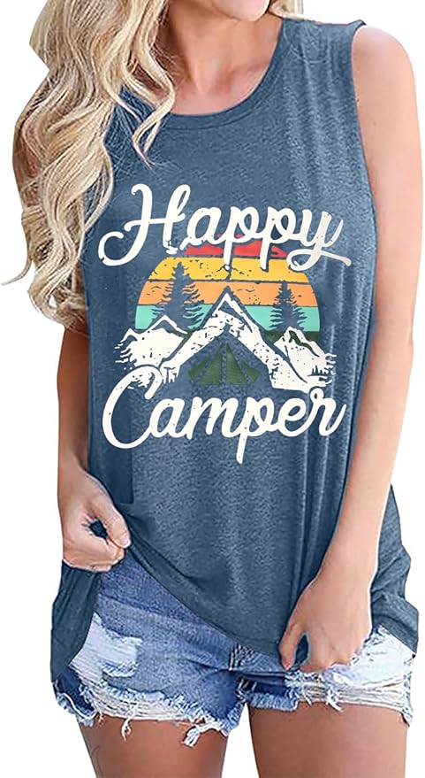 Happy Camp T-Shirt Women Hiking Mountain Adventure Novelty Workout Funny Saying Cute Graphic Athletic Shirt