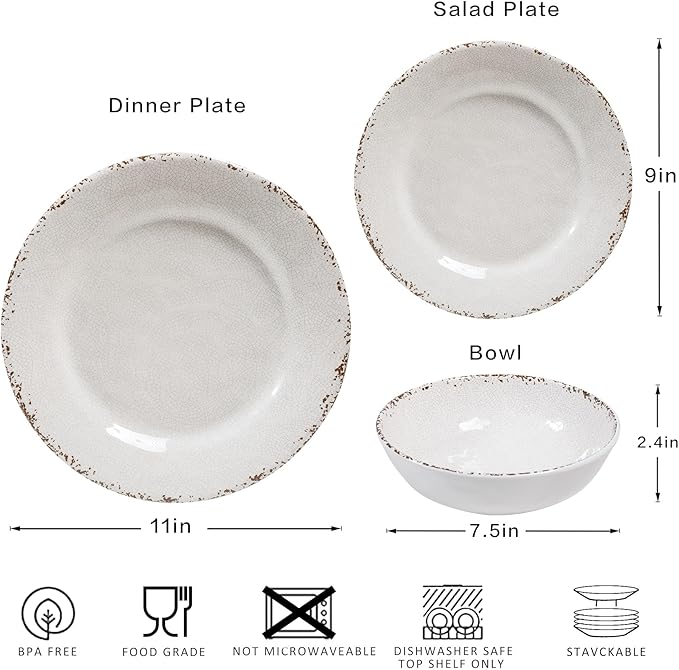 Farmhouse Melamine Dinnerware Sets,12 Pieces Dishes Dinnerware Set,Service for 4 Lightweight Kitchen Plates and Bowls Sets, Great for Casual dining and Outdoor Parties Camping or RVs, White