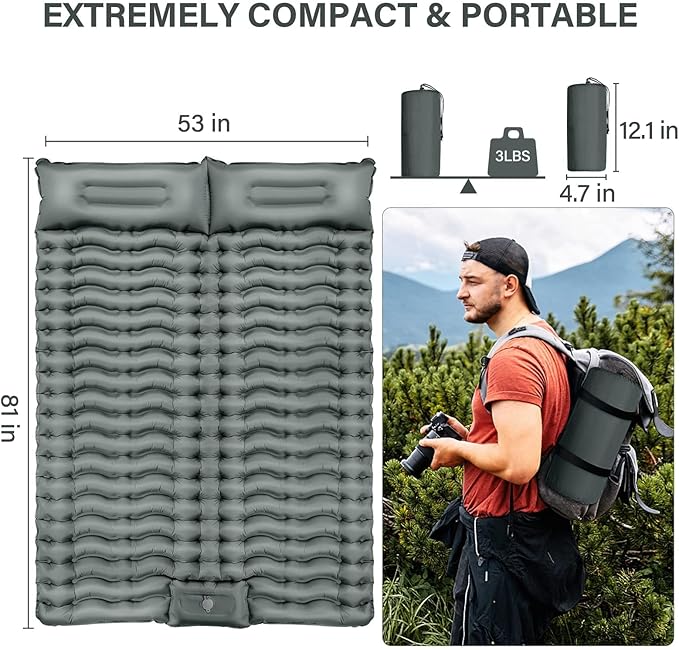 Yuzonc Double Camping Sleeping Pad – 4" Ultra-Thick Foot-Pump Design, Lightweight 2-Person Inflatable Sleeping Mat with Pillow for Backpacking, Hiking, Travel, Tent – Gray
