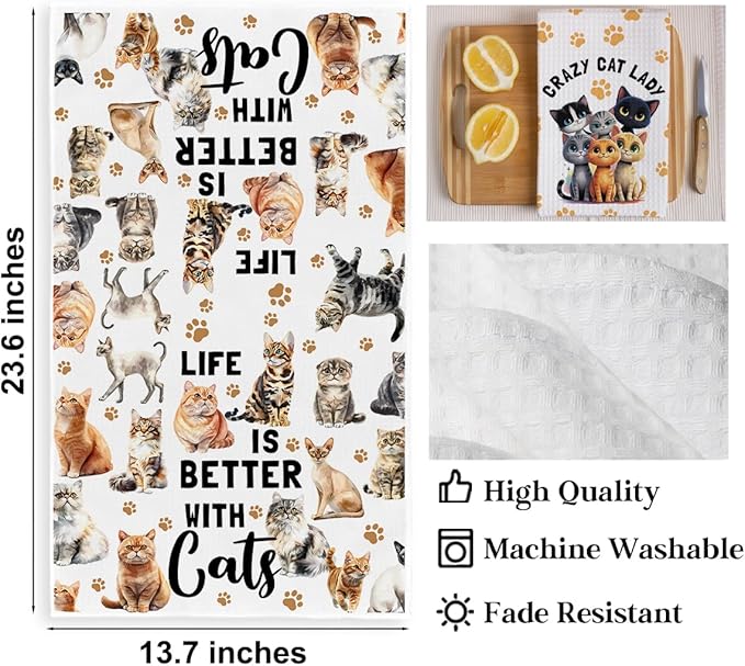 2PCS Cute Cat Kitchen Towels, Cat Themed Gifts Reusable Absorbent Waffle Weave Dish Tea Towels for Cleaning Cooking Baking, Cats Lovers Gifts for Women Microfiber Kitchen Towel, Housewarming Gift-2