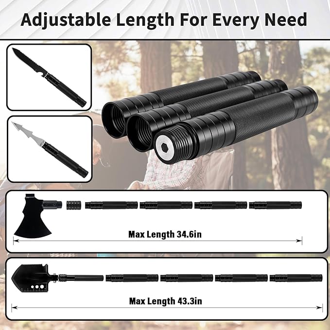 Survival Shovel Survival Axe, Heavy-Duty Carbon Steel Camping Folding Shovel with Multiple Extension Handles(7.3-21.9In), Suitable for Survival Tools in Camping, Off-Road, Excavation, and Hiking