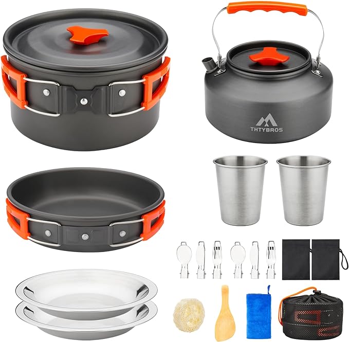 THTYBROS 17pcs Camping Cookware Kit, 0.45Gal Pot, 7inches Pan,0.30Gal Kettle Set with 2 Set Stainless Steel Cups Plates Forks Knives Spoons for Hiking