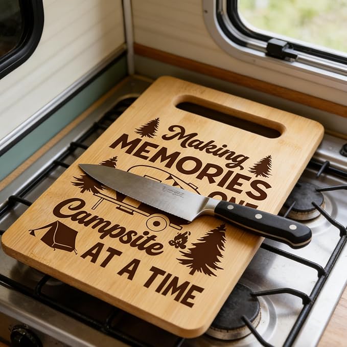 Happy Camper Bamboo Cutting Board for Rv CamperLovers, Small Camper Kitchen Essentials for Women Men, Camping Birthday Housewarming Gifts for Kitchen Decor, Making Memories One Campsite At a Time