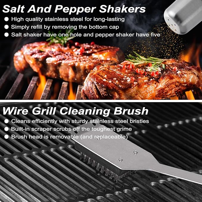 POLIGO 29 PCS BBQ Grill Accessories Stainless Steel BBQ Tools Grilling Tools Set with Storage Bag for Fathers Day Dads Birthday Presents - Camping Grill Utensils Set Ideal Grilling Gifts for Men Brown