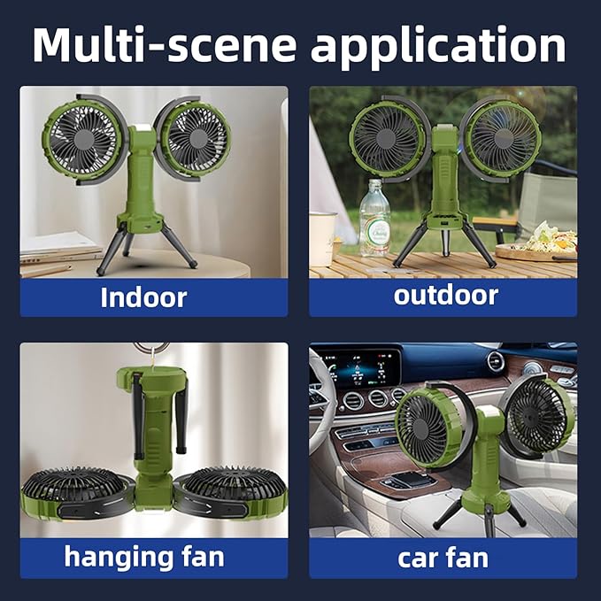 Camping Fan with Light,10000 mAh Rechargeable Battery Powered Tent Ceiling Cooler Fans,270° Oscillating 360°Rotating Portable Camping Essentials Gear for Outdoor Canopy,Travel(Deep Green)