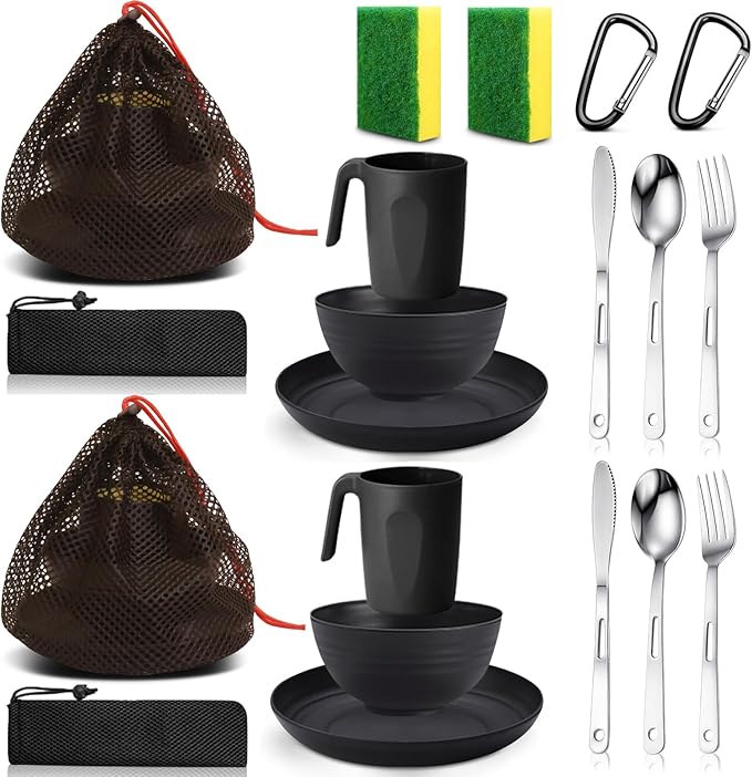 Scout Camping Mess Kit for Person Boy Scout Dishes Set Girl Scout Mess Kit with Mesh Bag Reusable Light Weight Eating Utensils Plastic Camping Cutlery Set for Travel Camp
