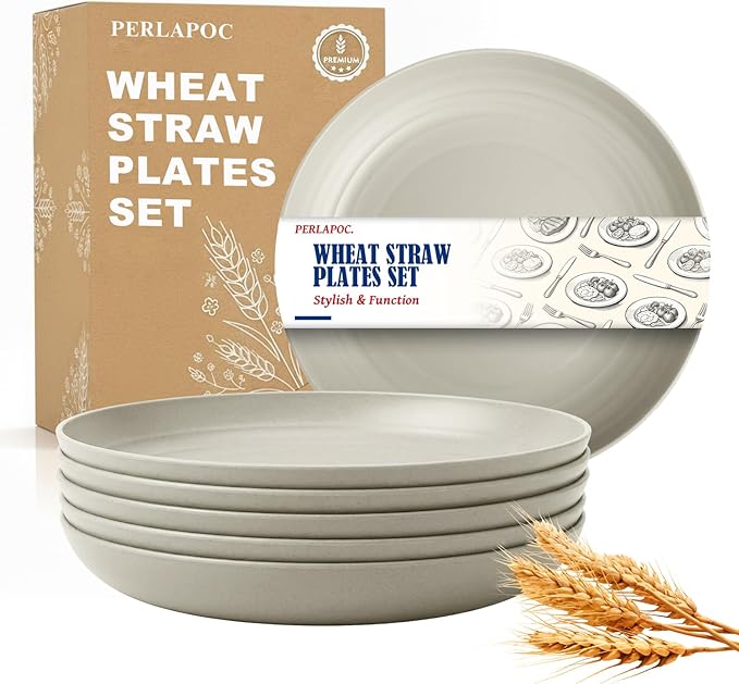 8 Inch Small Plates Set of 6, Wheat Straw Unbreakable Dinner Plates, Reusable Plastic Plates for Appetizer, Microwave Safe, Dishwasher Safe, Ideal for Daily Use, Snacks, LightGrey