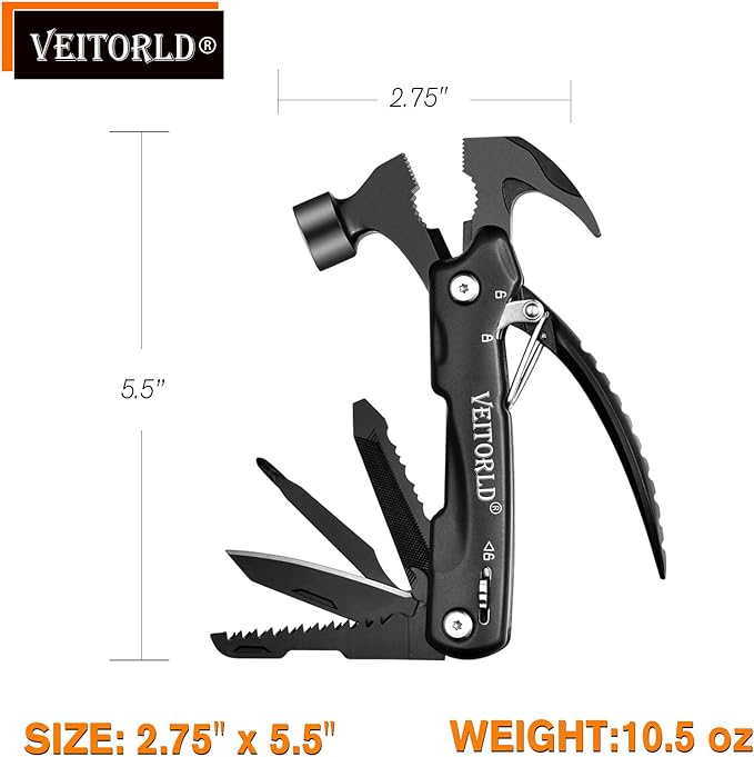 VEITORLD All in One Tools Mini Hammer Multitool, Fathers Day, Unique Gifts for Men Dad Husband, Birthday Camping Gifts Ideas for Him Grandpa Boyfriend Women, Cool Camping Hunting Gadgets