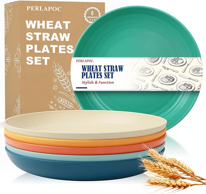 Wheat Straw Plates, 10 in Deep Dinner Plates Set of 6, Unbreakable Reusable Plastic Plates, Unbreakable Microwave and Dishwasher Safe Kids Plate for Kitchen, Camping, Multi