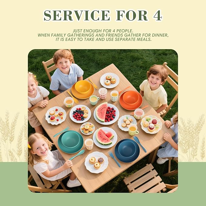Wrova Wheat Straw Plates and Bowls Set with Flatware,20-piece Unbreakable Kids Plates and Bowls sets,Dishwasher Safe Wheat Straw Dinnerware Sets for Kitchen,Camping,Apartment and Dorm.Vibrant Series