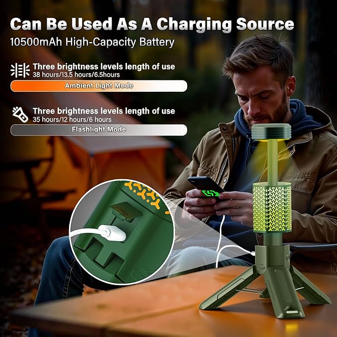 Telescopic Portable Camping Light with Stand - 10500mAh Rechargeable Camping Light with Storage Bag, Dimmable Magnetic Tent Lamp,Waterproof Tripod Pole Work Lights for Outdoor Emergency, Hiking,Green