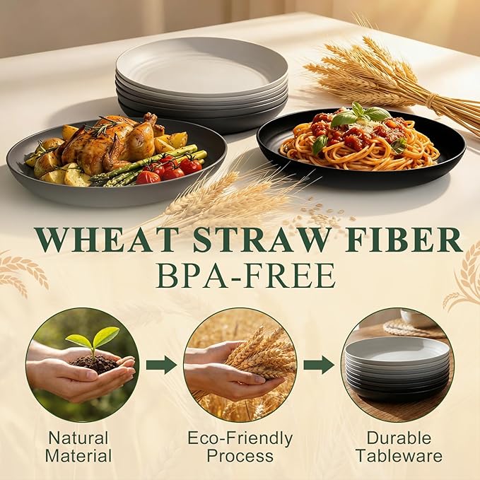 Kitchen Plates Set for 8, Unbreakable Wheat Straw Plates 10 Inch, Alternative to Plastic Plates Reusable, Microwavable Plates for Apartment, Dorm, RVs - BlackGrey