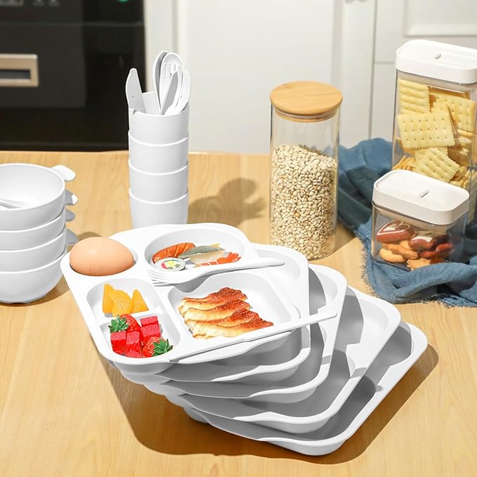 24 Pcs Wheat Straw Dinnerware Cutlery Set for Aldult Including Divided Plates Microwave Dishwasher Safe Bowl Unbreakable Tableware Straw Cutlery Spoon Knife Fork(White)