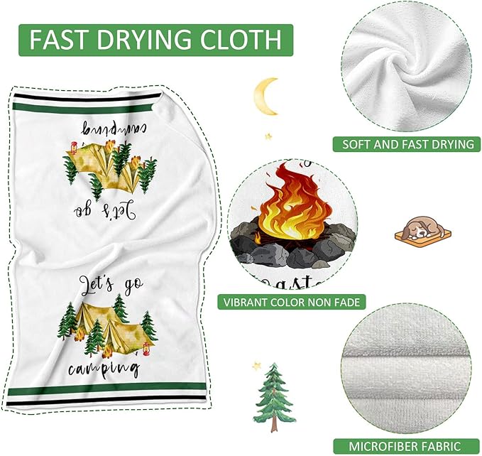 Camping Kitchen Towels Set of 4 Dish Towels Kitchen Hand Towels Kit Printed with Funny Sayings Novelty Gifts for Campers Happy Camper Camping Tent Pine Tree Farmhouse RV Decor Sign Home Decorations