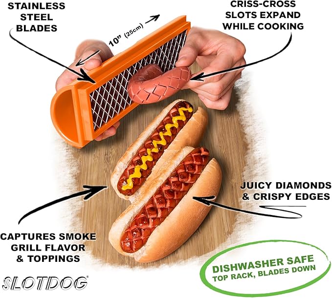 SLOTDOG - Hot Dog Slicing Tool - Orange - Griddle & Pellet Grill Special Edition For Griddles, Grills, Smoker, Air Fryer, Oven, BBQ, Campfire, Kitchen, Tailgating - Stainless Cutter Blades 10 inch