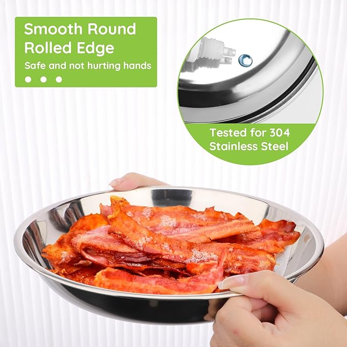 Patterned Deep Metal Camping Plates, 8 Pack 9.4 inch 304(18/8) Stainless Steel Plates, Reusable Pizza Food Serving Snack Eating Salad Dishes Round Shatterproof Silver Dinnerware Dinner Oven