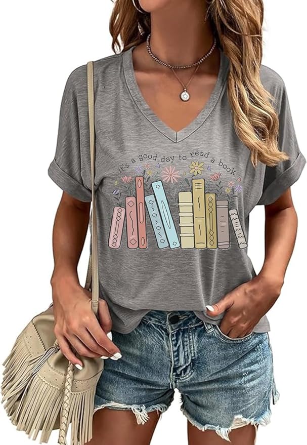 Graphic V Neck Shirt for Women Boho Floral Wildflowers Tee Casual Cottagecore Summer T-Shirt Blouse