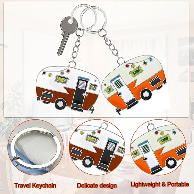 2 Pack Camper Keychain Set Happy RV Camper Keyring Couples Camping Accessories for Men Women Travel Trailers