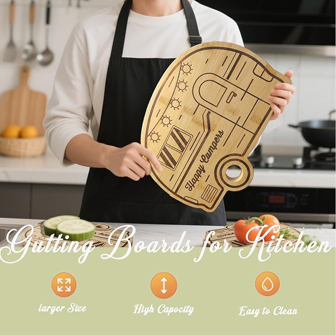 Large Camper Cutting Board, Wood Cutting Board For Kitchen Serving tray and Chopping Board, Unique RV Gifts kitchen Essentials for Women, Bamboo Camping Gifts for Women for Holiday Camping Gift