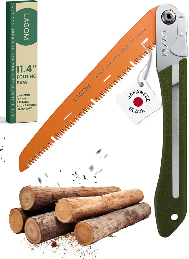 LAGOM Folding Camp Saw for Cutting Branches, 11.4" Straight Blade | SK5 Steel, Ergonomic Handle, One-Hand Use, Secure Lock | Foldable Pruning Tool for Camping, Gardening, Survival, Kayaking, Outdoors