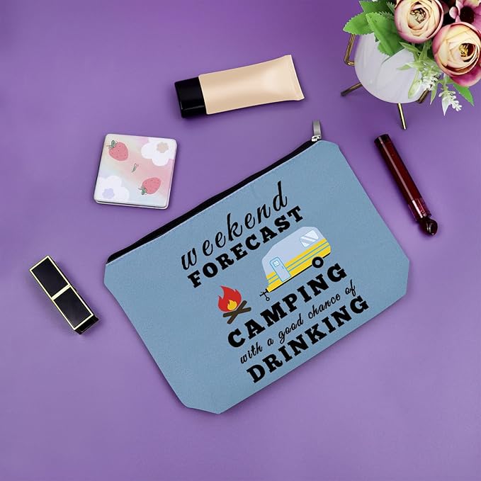 Funny Camping Gifts for Women Blue Makeup Bag Happy Camper Retirement Gifts Camping Themed Gifts for Adults Cosmetic Bag Camper Accessories for Travel Trailers Birthday Christmas Graduation Gift
