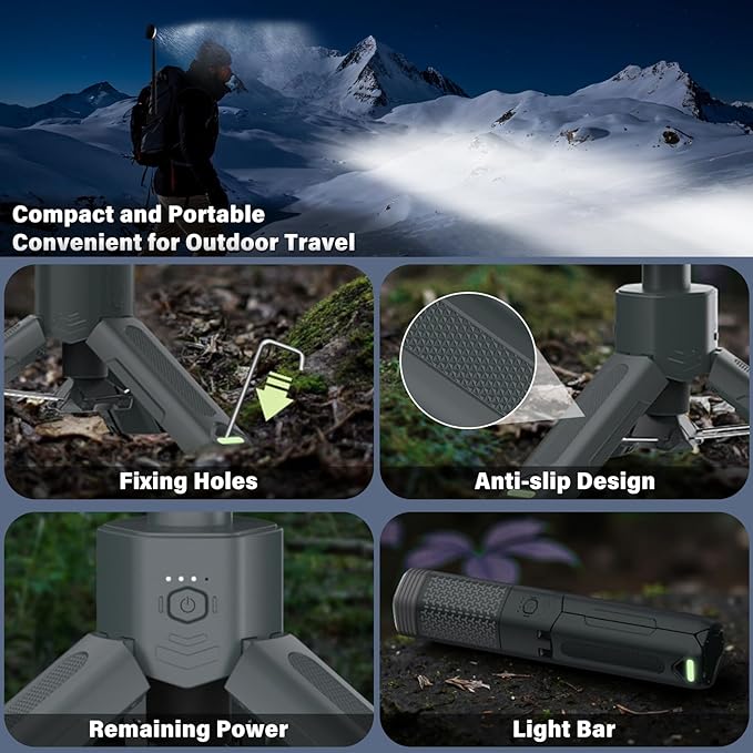 Telescopic Portable Camping Light with Stand - 10500mAh Rechargeable Camping Light with Storage Bag, Dimmable Magnetic Tent Lamp,Waterproof Tripod Pole Work Lights for Outdoor Emergency, Hiking, Gray