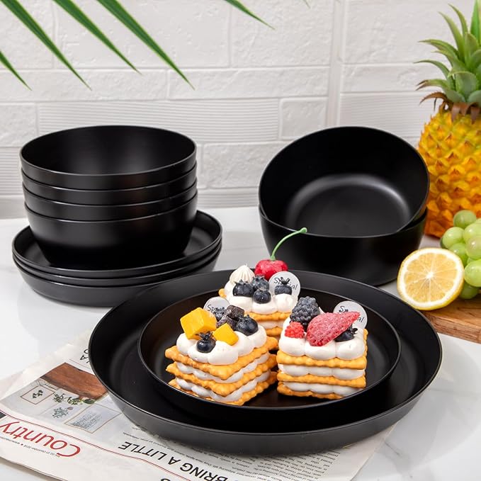 EI 12pcs Wheat Straw Dinnerware Set of 4,Plates and Bowls Sets,Plastic Plate Reuasble Unbreakable,Heavy Duty Plastic Plates for Camping,Picninc,Family Dinner