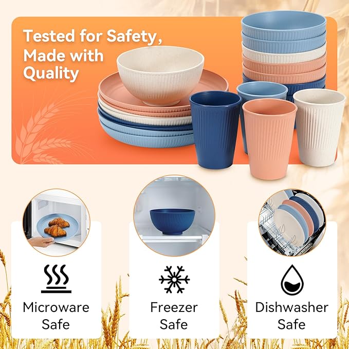 Wheat Straw Dinnerware Sets,64-Piece Plates and Bowls Sets for 8-Unbreakable,Reusable Plastic Dish Set-Dinner Plate/Dessert Plate/Cereal Bowl/Cup/Utensils-Dishwasher Safe 64P-Oecan Coral