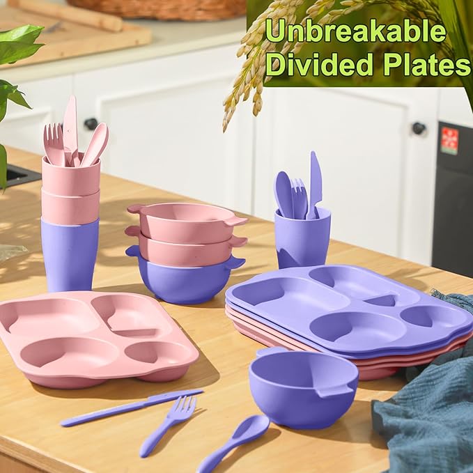 24 Pcs Wheat Straw Dinnerware Cutlery Set for Aldult Including Divided Plates Microwave Dishwasher Safe Bowl Unbreakable Tableware Straw Cutlery Spoon Knife Fork(Light Purple, Light Pink)