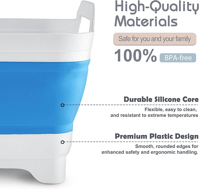 2.4 Gal(9L) Collapsible Dish Basin with Drain Plug, Space Saving Outdoor Multiuse Foldable Sink Tub, Dishpan, Kitchen Storage Tray for Camping, Vegetable Washing, RV (Blue)