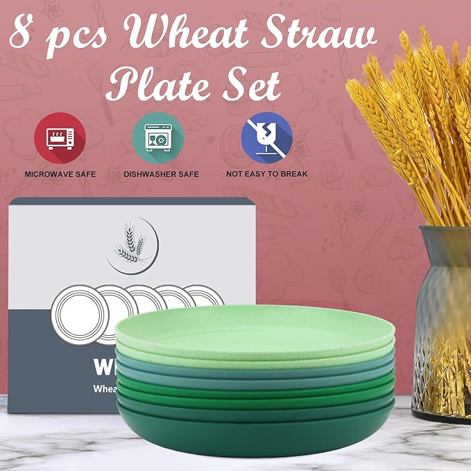 Wrova Wheat Straw Plates - 10 Inch Unbreakable Dinner Plates Set of 8 - Modern Dinnerware Dishes Dishwasher & Microwave Safe-Lightweight Plates for kitchen,camping (Forest Series)