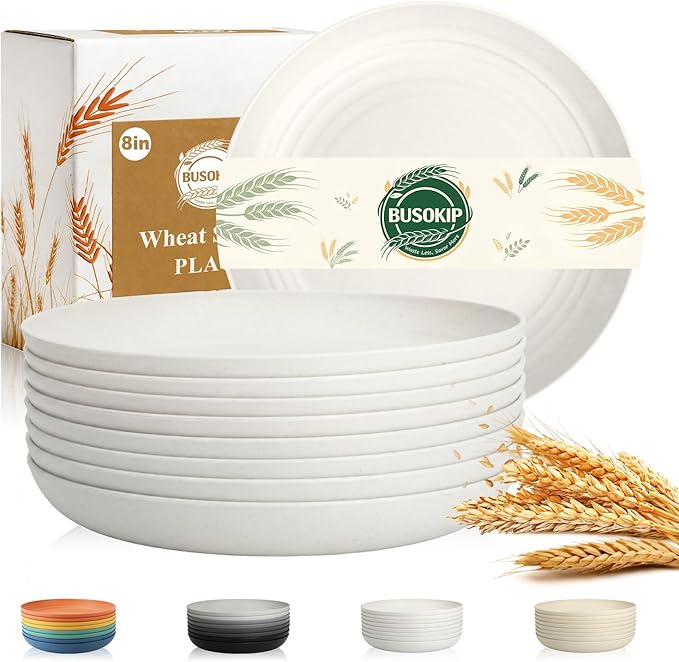 Wheat Straw Plate 8 Inch, Reusable Plastic Plates Set for 8, Unbreakable Small Plate for Salad, Dessert, Cake, Microwavable Plates for Kitchen, Party, Camping, RV - White