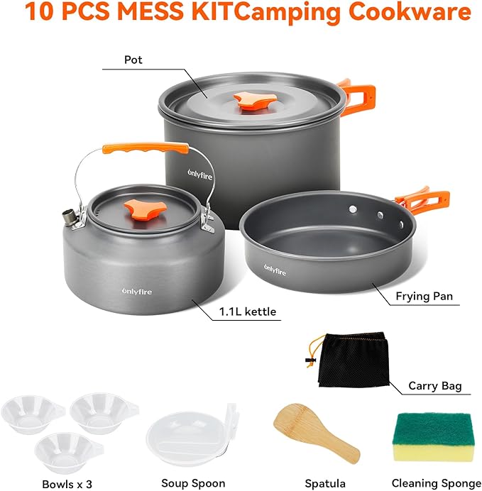 Onlyfire 10pcs Camping Cookware Mess Kit, Non-Stick Lightweight Pot Pan Kettle Set with Plates Forks Knives Spoons for Camping, Backpacking, Outdoor Cooking and Picnic CT603