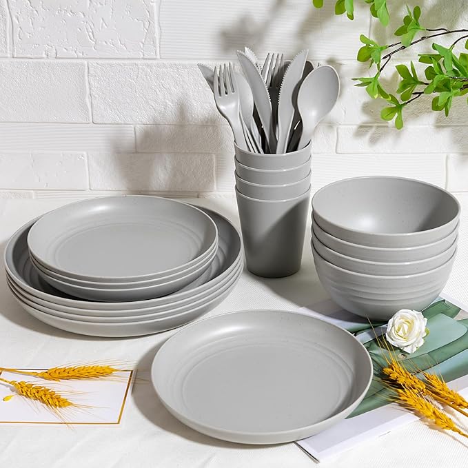 LIYH 28 Pcs Kitchen Plates and Bowls Set, Wheat Straw Dinnerware Sets, Unbreakable Plates and Bowls Sets for 4, Reusable Plate Wheat Straw Dishes Set for Daily & Camping, Light Grey Kitchen Decor