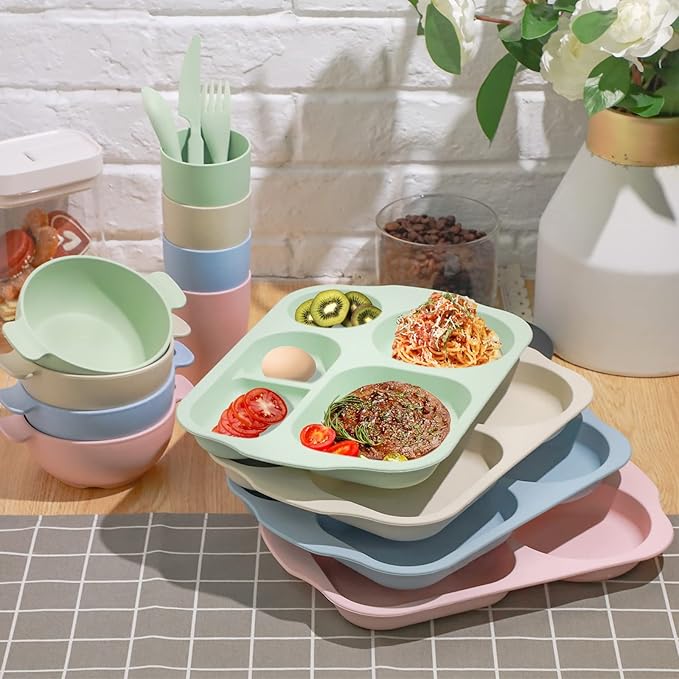 24 Pcs Wheat Straw Dinnerware Cutlery Set for Aldult Including Divided Plates Microwave Dishwasher Safe Bowl Unbreakable Tableware Straw Cutlery Spoon Knife Fork(Beige/pink/green/blue)