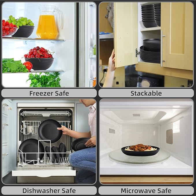 Black Plates and Bowls Sets for 8,32 Pcs Wheat Straw Dinnerware Sets Black Plastic Reusable Dishwasher Safe for Kitchen Camping,Lightweight Unbreakable Plastic Dishes Set Outdoor or Every Day Use