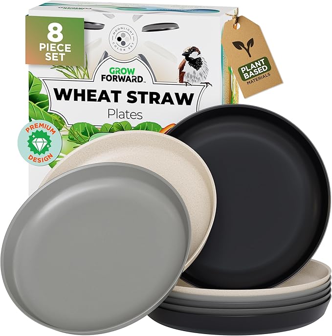 Grow Forward Premium Wheat Straw Plates - 10 Inch Reusable Hard Plastic Dinner Plates Set of 8 - Unbreakable Microwave Safe Plates for Dessert, Camping, RV, Outdoors, Patio, Kitchen Dishes - Moonlight