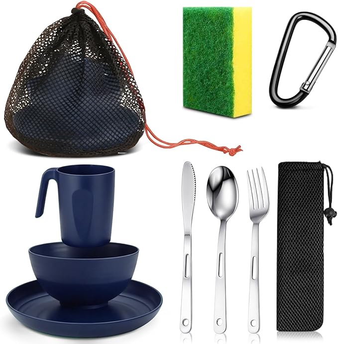 Scout Camping Mess Kit for Person Boy Scout Dishes Set Girl Scout Mess Kit with Mesh Bag Reusable Light Weight Eating Utensils Plastic Camping Cutlery Set for Travel Camp