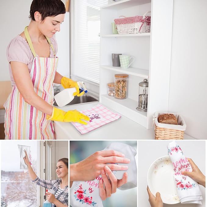 R HORSE 5Pcs Best Mom Kitchen Dish Towel Set Mother Pink Floral Absorbent Drying Dish Tea Towels Bar Hand Dishcloths Kitchen Rag Happy Mother's Day Decor for Bathroom Home Housewarming Supplies