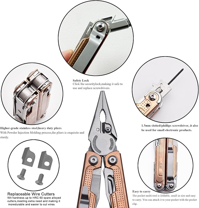 SQT2048-C 20-in-1 Multitool Pliers, Stainless Steel Multi Tool with Safety Lock, Pocket Clip, Foldable EDC Tool for Outdoor Camping Hiking Fishing Repair,Gift for Men, Rose Gold