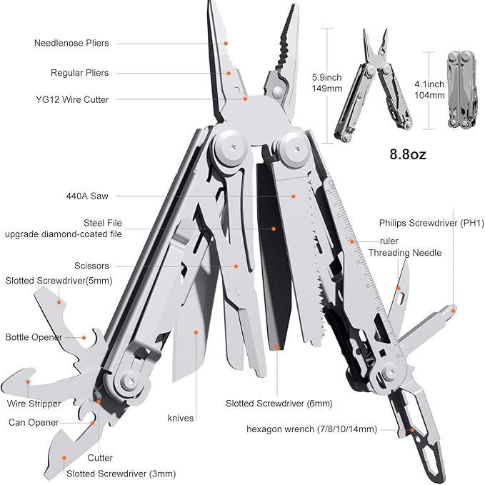 PERWIN Multitool Stainless Steel Multi-Tool Pliers 22-in-1 with Safety Locking, Pocket Knife, Bottle Opener, EDC Equipment With Pocket Clip for Survival, Camping, Hunting and Hiking.