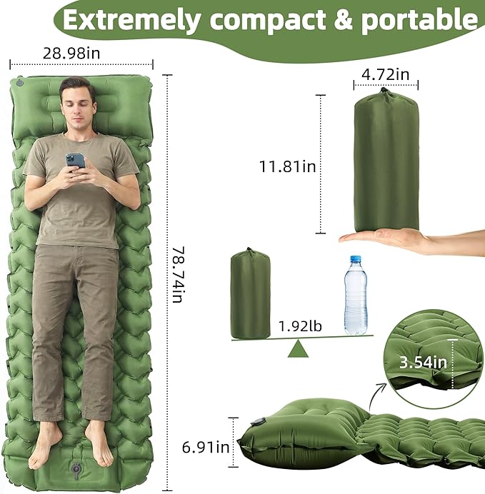 Camping Sleeping Pad, Extra-Thick Camping Mattress with Pillow, Built-in Foot Pump 3.56" Ultralight Inflatable Sleeping Pads for Camping Hiking Backpacking Traveling Tent, Green, Single