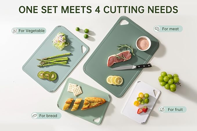 THETCHRY Plastic Cutting Board Set of 4, Extra Large Cutting Board for Kitchen with Non-Slip, Large -Small Chopping Board for Cooking, Bpa Free, with Grip Handle,Green