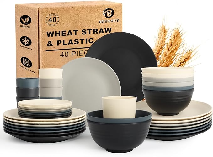 40 PCS Wheat Straw Dinnerware Set | Unbreakable Dishes Set for 8 - Alternative to Plastic Plates and Bowls Sets, Cereal Bowl, Water Cups, Dishwasher & Microwave Safe Bowls for Kitchen - Dark