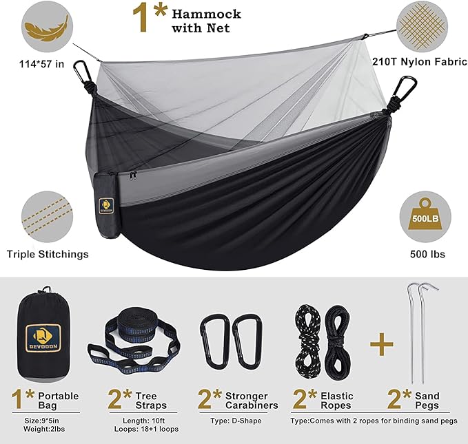 Qevooon Camping Hammock with Net,Travel Portable Lightweight Hammocks with Tree Straps and Solid D-Shape Carabiners,Parachute Nylon Hammock for Outsides Backpacking Beach Backyard Patio Hiking