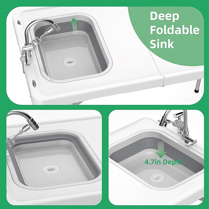 Allpop Fold-in-Half Fish Cleaning Table with Sink, 50'' Portable Folding Camping Fish Station with Drainage Hose, Faucet, Sprayer, Storage Box, Grooves & Carrying Bag for Picnic, White