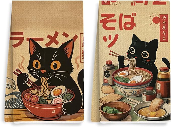 2PCS Vintage Japanese Cat Kitchen Towels, Quirky Ramen Cat Reusable Absorbent Waffle Weave Dish Tea Towels for Cleaning Cooking, Microfiber Kitchen Towel, Cats Lovers Gifts for Women Noodle Lover